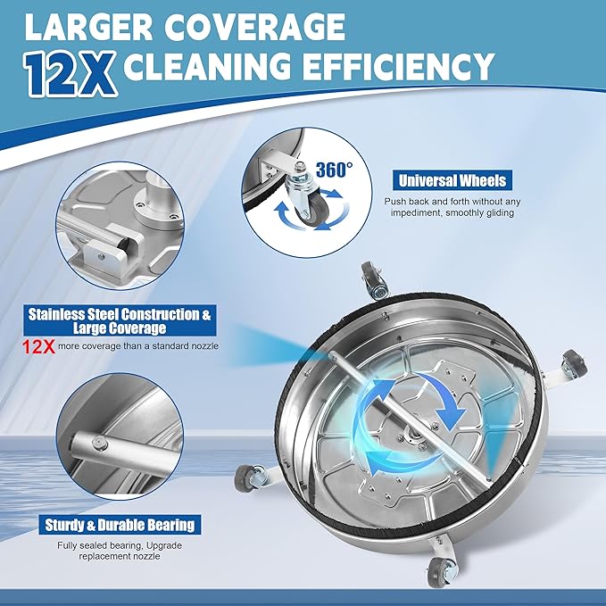 24" Pressure Washer Surface Cleaner with Dual Handle, 4 Wheels, Stainless Steel Power Wash Surface Cleaner Attachment, 4500 PSI Pressure Washer Accessory for Driveway Sidewalk Patio Cleaning