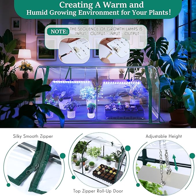 Meonum Indoor Greenhouse with Grow Lights, 51.18 "L x 25.59" W x 21.65" H Small to Medium Portable Greenhouse with 13W Dual Growing Lamps, PVC Film, Timing Function, for Seed Starting