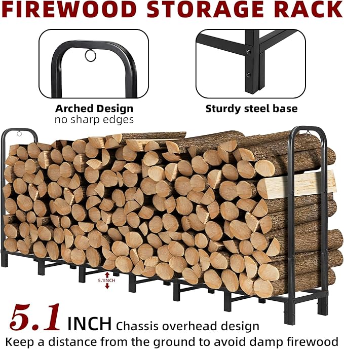 8FT Firewood Rack Holder,Heavy Duty Firewood Storage Log Rack for Outdoor&Indoor,Fireplace Wood Rack for Wood Storage