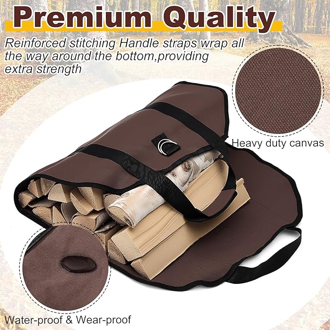 2 Pcs Canvas Firewood Carrier Bag with Handles, Canvas Waxed Large Carrier Logs Tote Indoor Carrying Bag Wood Storage Carriers for Fireplace Cabin Camping Outdoor, Dark Brown