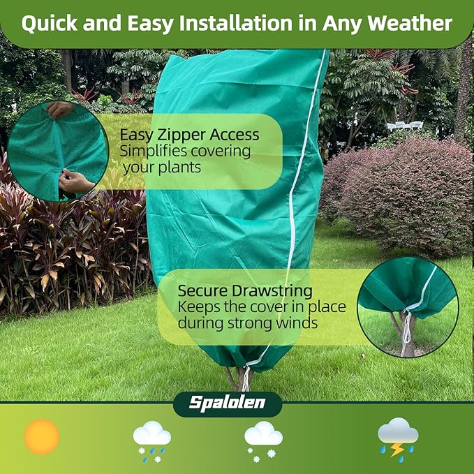 2 Pack Plant Covers Freeze Protection, 40"W x 45"H Winter Frost Blanket 2.36 oz/yd² Fabric Frost Cloth Tree Covers Shrub Jacket Bag with Zipper & Drawstring for Plants Fruit Tree Shrub Potted - Green
