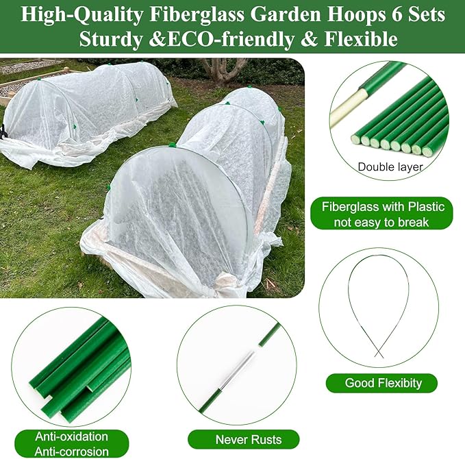 10x33FT Plant Covers Freeze Protection Kit, Garden Hoops Kit for Winter, Frost Cloths Plant Blanket Floating Row Cover for Winter Outdoor, Greenhouse Garden Hoop for Raised Bed Snow Protection