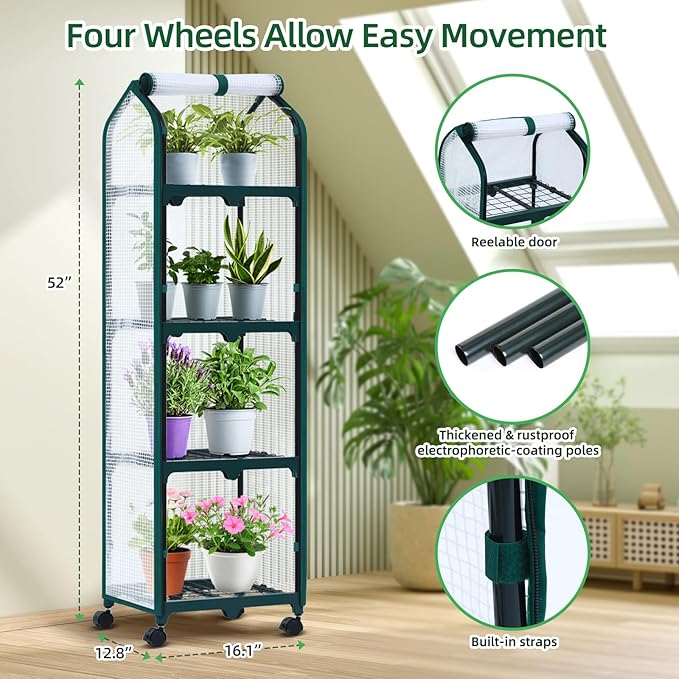 Ohuhu Mini Greenhouse for Indoor Outdoor, Small Plastic Plant Green House with Locking Wheels Portable Greenhouses with Durable Cover for Seedling,Ideal Gardening Gifts for Women Men White