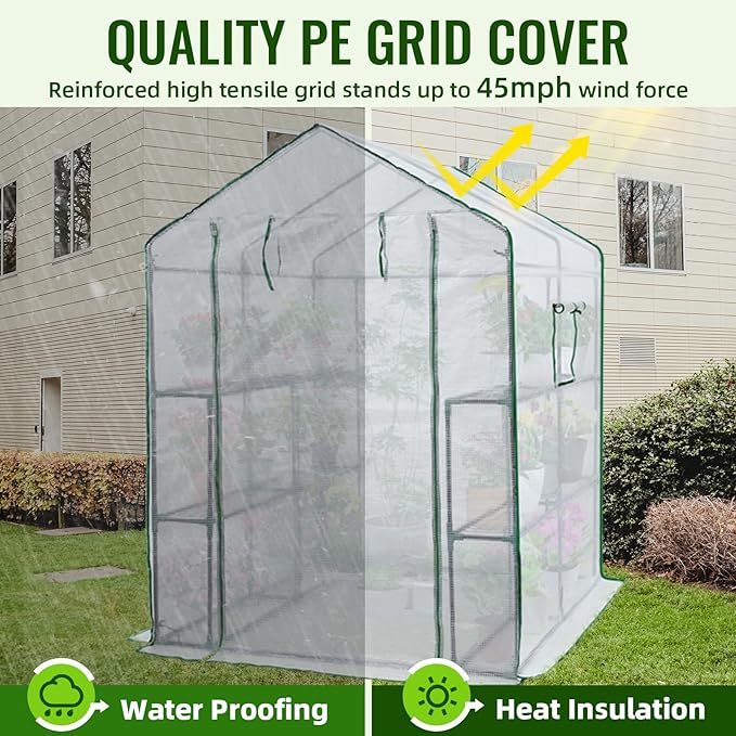 Greengro Greenhouse, 57 x 57 x 76'' Greenhouses for Outdoors, Portable Greenhouse Kit with Mesh Side Windows, PE Cover, 8 Shelves, Heavy Duty Walk in Green House for Backyard Garden Indoor Outside