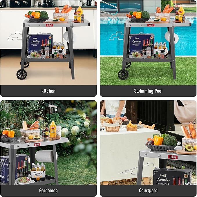 Outdoor Grill Cart, Pizza Oven Table with Wheels, Stainless Steel Countertop with Foldable Extension Table, Versatile Food Prep Grill Cart for Outdoor BBQ Cooking Gathering