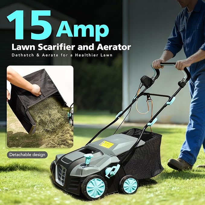 16-Inch 15-Amp 2-in-1 Electric Dethatcher and Lawn Scarifier with 14.5-Gallon Collection Bag, 5-Position Depth Adjustment, Lawn Care Machine for Thatch Removal and Grass Revitalization - XSS16D