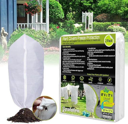 2 Pack Plant Covers Freeze Protection, 48"W x 72"H Winter Frost Blanket 2.36 oz/yd² Fabric Frost Cloth Tree Covers Shrub Jacket Bag with Zipper & Drawstring for Plants Fruit Tree Shrub Potted - White