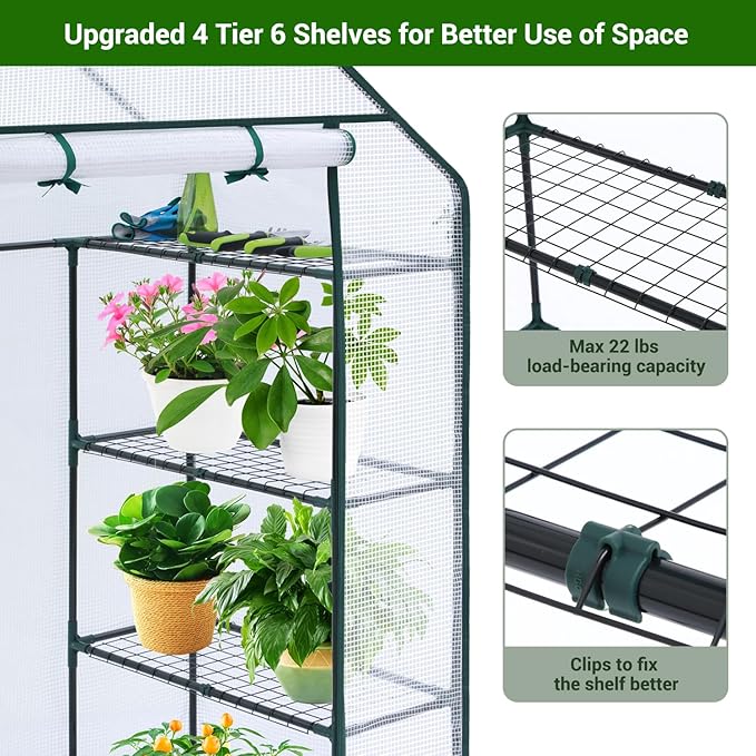 Ohuhu Small Greenhouse for Outdoors: 4 Tiers 6 Shelves Walk-in Indoor Green House Heavy Duty Plant Stands Reinforced Plastic PE Cover Mini Portable Warm House for Outside, 4.8x2.5x6.4 FT White