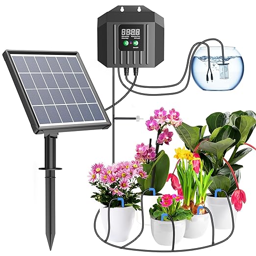 Biling 3W Solar Drip Irrigation System, Digital Programmable Smart Watering Kit with 2200mAh Battery for 15 Potted Plants Indoor/Outdoor Use