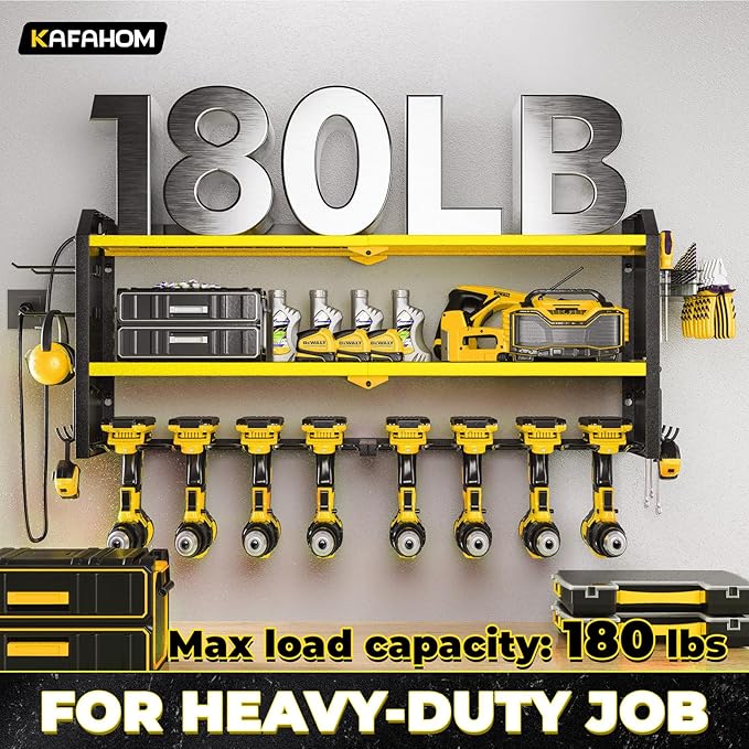 KAFAHOM Power Tool Organizer with Charging Station, Built in 8 Outlet Power Strip,Large 8 Drill Holder Wall Mount, Heavy Duty Metal Power Tool Storage Rack Tool Shelf for Garage Organization Black