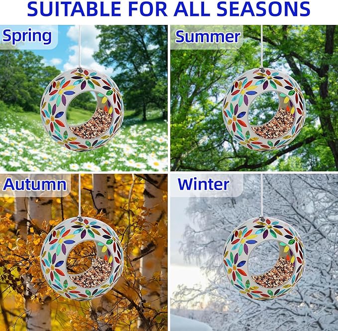 VOREEN Mosaic Glass Bird Feeder – 6" Handcrafted Hanging Fly-Through Feeder for Outdoor Garden Décor, Wild Bird Seed Feeder with Multicolor Floral Design – Gift for Mom Wife Friend Nature Lovers