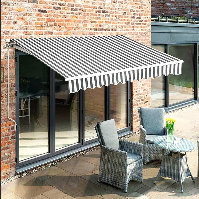 MCombo 9.9x7.8 Feet Manual Retractable Patio Door Window Awning Sunshade Shelter Outdoor Canopy, 0810 (Grey with White Stripes, 9.9'(L) x 7.8'(W))