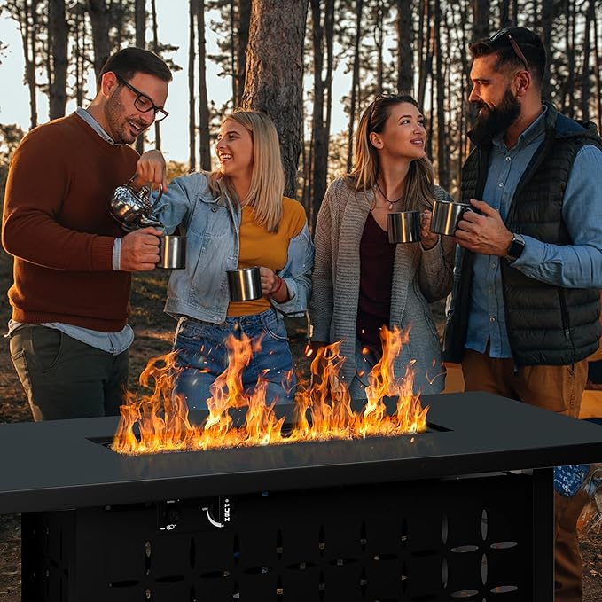 Shintenchi 43 Inch Fire Pit Table, 50,000 BTU Outdoor Propane Fire Table, Outdoor Steel Propane Fire Pit with Lid and Lava Rock for Garden, Yard, Camping, Pool Use, Black