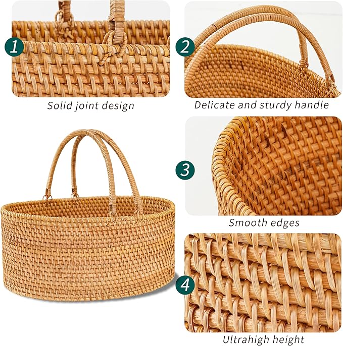 14"×10.2"×6" Rattan Picnic Basket with Handles, Large Oval Gift Basket, Hand-Woven Basket for Fruit, Empty Gift Basket for Festival, Wedding, Camping