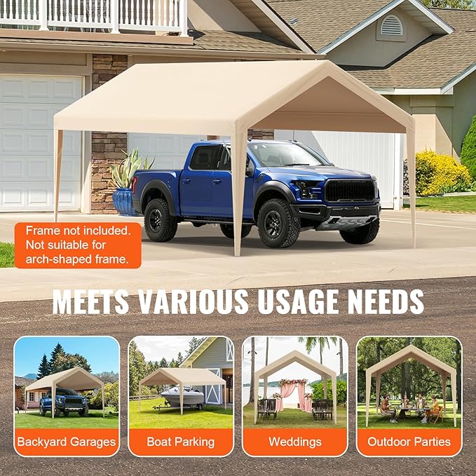 VEVOR Carport Replacement Canopy Cover 10 x 20 ft, Garage Top Tent Shelter Tarp Heavy-Duty Waterproof & UV Protected, Easy Installation with Ball Bungees,Beige (Only Top Cover, Frame Not Include)