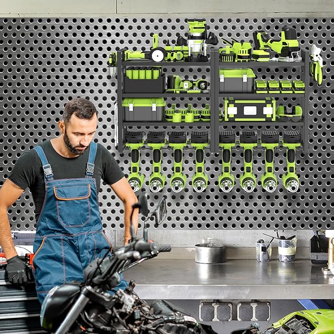 Power Tool Organizer Wall Mount,4 Layers Capacity Heavy Duty Metal Storage Rack with 8 Drill Holders for Drills Cordless Tools,Garage Organizer Suitable Workshop Basement