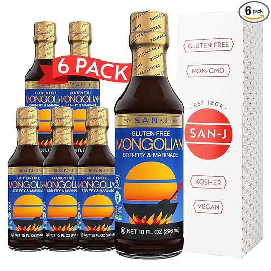 San-J - Gluten Free Mongolian Sauce - Bold and Flavorful Sauce for Cooking - Non-GMO - 10 oz. Bottles - 6 Pack