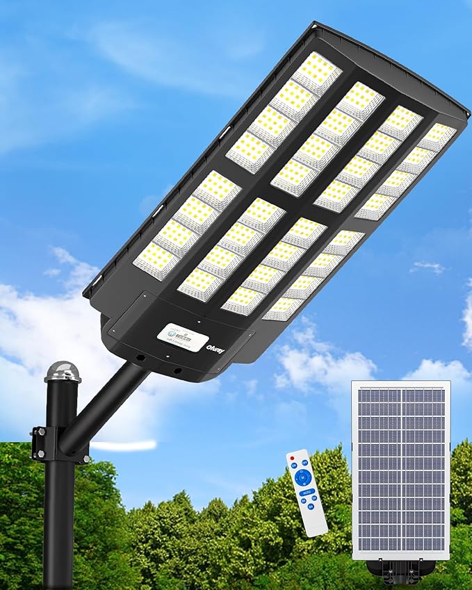 Ofuray Of-6200W Solar Street Lights Outdoor, 620000LM Solar Security Flood Light Parking Lot Lights Dusk to Dawn, 6500k Waterproof Led with Remote Control Motion for Street,Court,Barn
