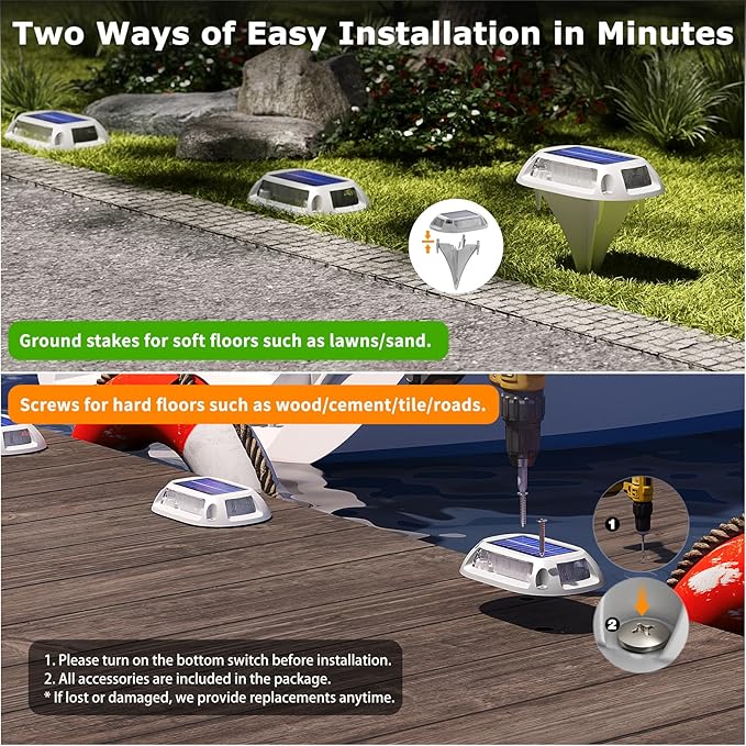 12Pack Aluminum Alloy Solar Driveway Lights, IP68 Solar Deck Light Marine Dock Lights Outdoor Waterproof, Multi-color LED Driveway Markers for Walkway, Path Decor [12Modes - Strobe/RGB/Fix-color]