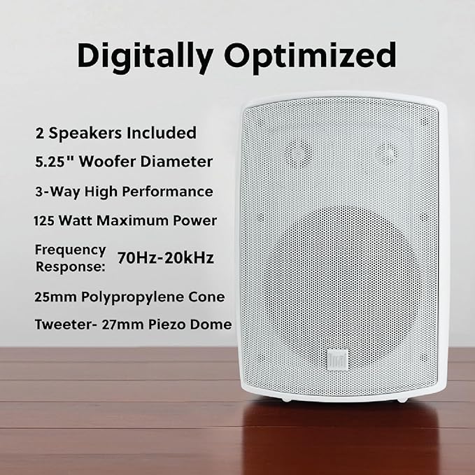Dual Electronics LU53PW 5.25" 3-Way High Performance Outdoor Indoor Wired Speakers | Effortless Set Up | Home, Pool, Patio, Garage Use | Weather Resistant | Expansive Stereo Sound Coverage | White