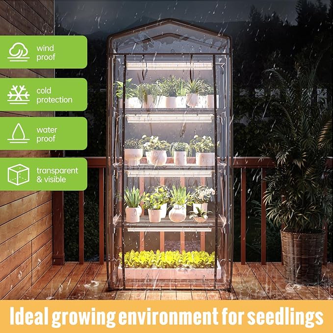 Mini Indoor Greenhouse with Grow Light - 4 Tier Outdoor Portable Greenhouse with Shelves, Waterproof PVC Cover and 4 Dimmable 1.6FT 20W Grow Lights, 26.4"(L) X 19"(W) X 61"(H)