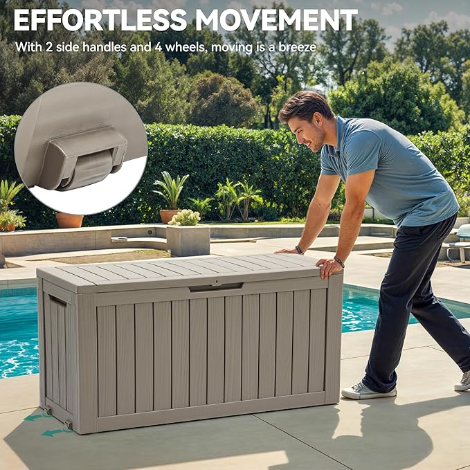 YITAHOME 72 Gallon Outdoor Storage Box w/Wheels, Resin Deck Box Indoor & Outdoor Patio Storage Box for Throw Pillows, Athletic Gear, Yard (Light Brown)