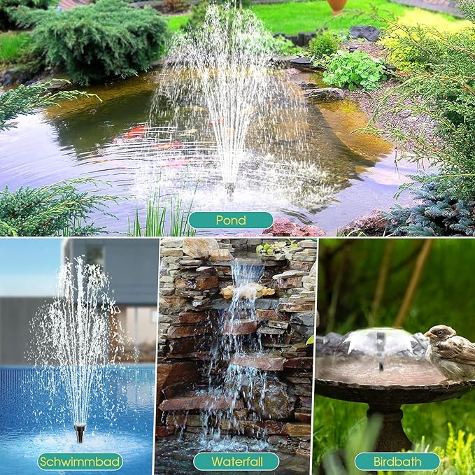 12W Solar Fountain Pump, Solar Powered Water Pump 160GPH Adjustable Flow, Solar Water Fountain Pump with 16.5Ft Cord Length/6.6Ft Tubing for Ponds, Fish Tank, Wildlife Garden, Fountains