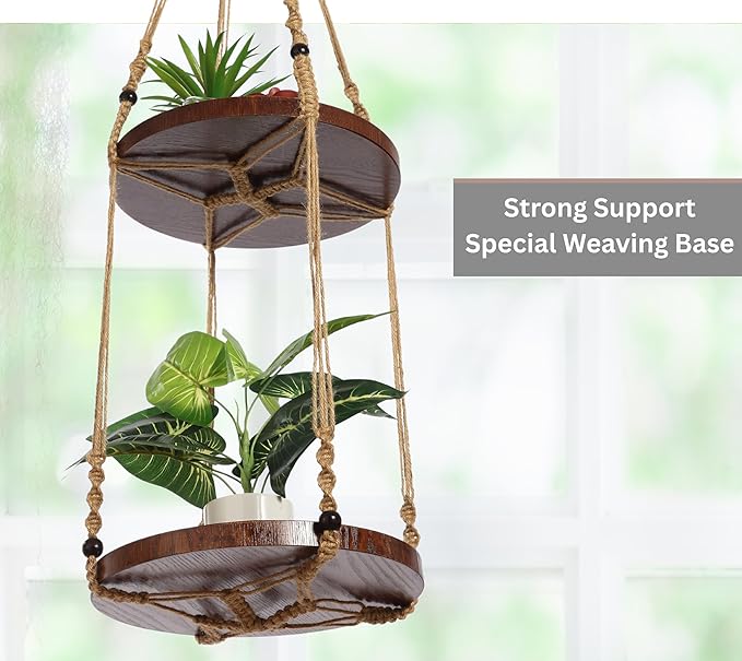 2 Tier Macrame Plant Hanger | Plant Hanger Indoor, Hanging Planter | Hanging Planter Shelf (Jute) (Large, 12" Shelf)