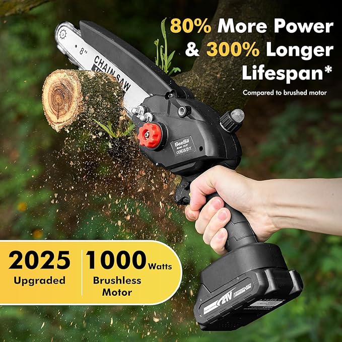 Mini Chainsaw Cordless 8 inch: Electric Chainsaw Battery Powered, Brushless Chain Saw with Auto Oiler, 2pcs Battery, Handheld Saw for Tree Branch Wood Cutting,Gardening Tools for Men Dad Husband