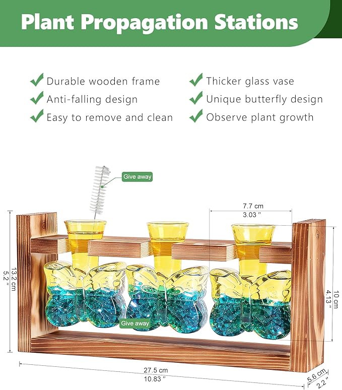 Nacome Plant Terrarium with Wooden Stand,Butterfly-Shaped Glass Vase Planter Propagation Station for Home Office Decor,Unique Gifts for Plant Lovers Women Mom(Yellow)