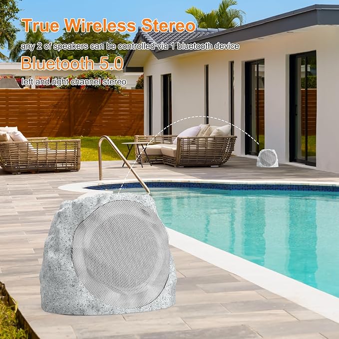 Outdoor Speakers Solar Powered & USB-C Charging Rock Speaker TWS Pairing Wireless Outdoor Speaker Bluetooth 5.4, LED Light Show, Waterproof, ideal for Backyard BBQ, Garden, Poolside (2-Pc,Grey)