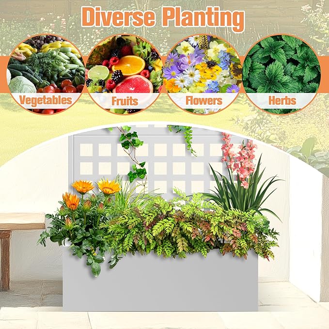 Metal Planter Box with Trellis & Wheels, Raised Garden Bed with Privacy Screen, Outdoor Standing Flower Beds with Drainage Hole for Climbing Plants, Vine, 35" Lx16 Wx71 H