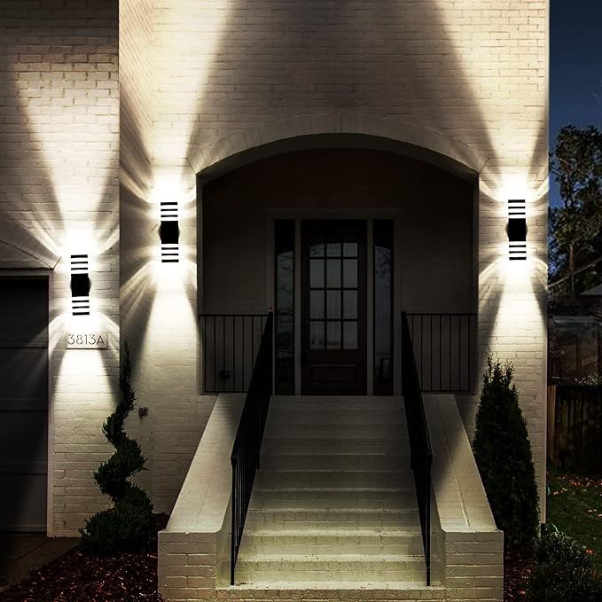 tewei Up and Down Outdoor Lights Exterior Wall Light Fixture, 3-Layer Black Modern Outdoor Lights for House, IP65 Waterproof Aluminum Exterior Wall Sconce for Porch Garage, Warm White 3000K, 2 Pack