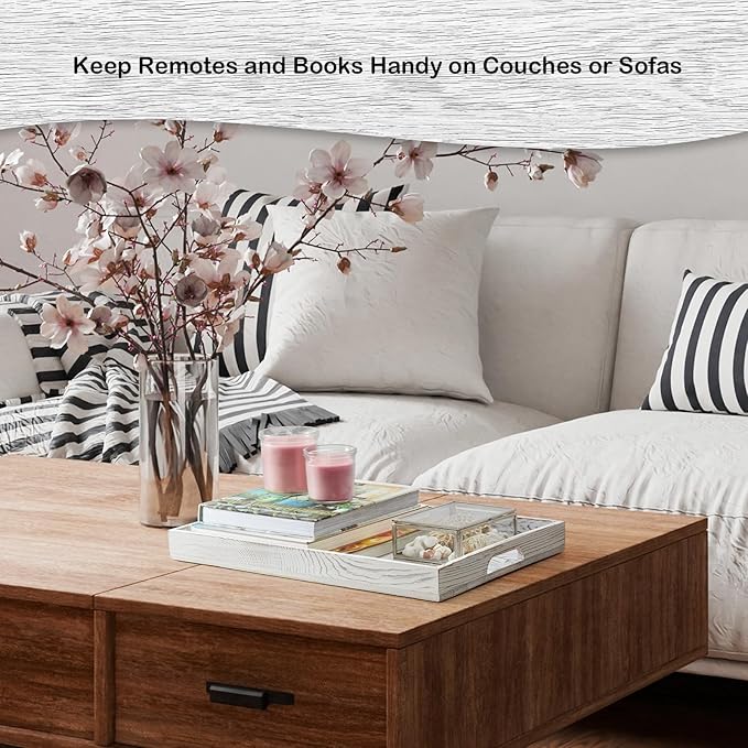 17 Inch White Serving Tray with Handles, Large Wooden Tray for Ottoman, Breakfast in Bed, Coffee Table, Dinner, Rectangular Wood Tray for Living Room Bedroom Entryway and Kitchen