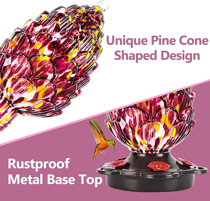 LUJII Pine Cone Shaped Hand Blown Glass Hummingbird Feeder for Outdoors Hanging, Rust Proof & Leak Proof, 25 fl.oz, Unique Gift for Bird Lover, Garden & Backyard Decor, Purple