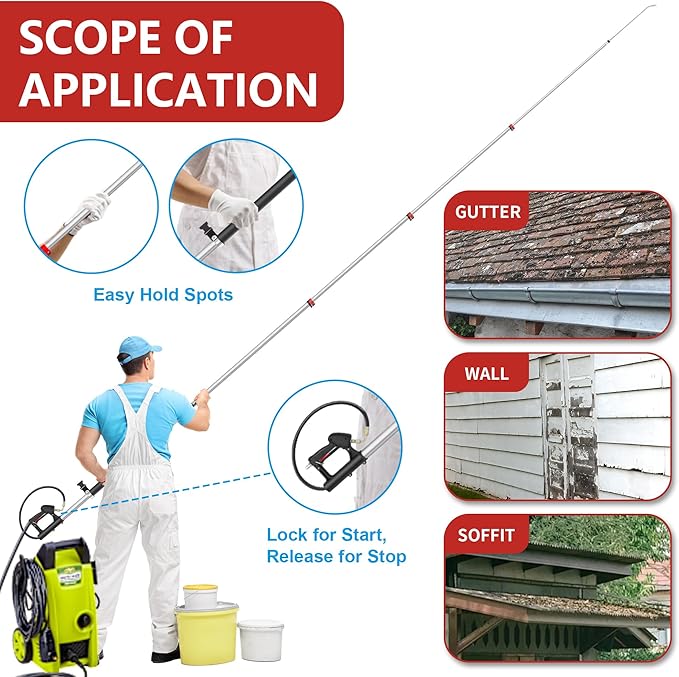 24 FT Gutter Cleaning Tools from The Ground - Telescoping Pressure Washer Wand - Gutter Cleaner Attachment with Power Washer Extension Wands, 7 Spray Nozzle Tips, 3 Hose Adapters and Support Belt