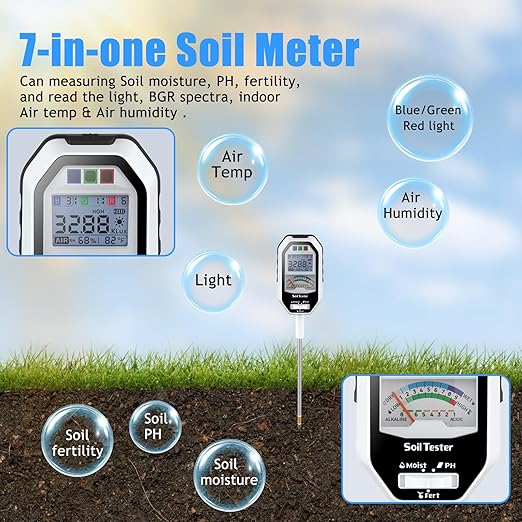 Soil Moisture Meter, 7-in-1 Soil PH Tester/Soil Moisture/Fertility with Removable Probe, Digital Air Temp/Humidity/Sunlight Intensity/BGR Spectral for Plants Gardening, Lawn and Indoor Outdoor Plants