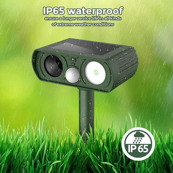 2PACK Solar Ultrasonic Animal Repellent Outdoor, Deer Repellent Devices Squirrel Cat Raccoon Rabbit Dog Deterrent, Keep Rodent Chipmunk Away Motion Detection with Flash Light for Yard Garden Lawn