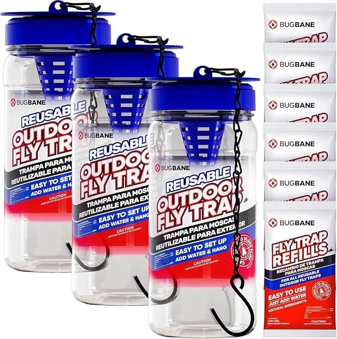 3 Fly Traps Outdoor Fly Trap for Patio with 6 Non-Toxic Dissolvable Bait Refills. Reusable Hanging Bug Catcher Killer for All Filth Flies for Outside Bug Control Yard Ranch. Hanging Chains Included