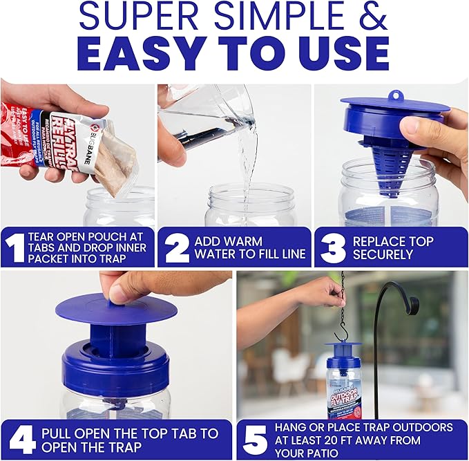 3 Fly Traps Outdoor Fly Trap for Patio with 6 Non-Toxic Dissolvable Bait Refills. Reusable Hanging Bug Catcher Killer for All Filth Flies for Outside Bug Control Yard Ranch. Hanging Chains Included