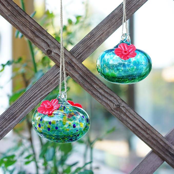 2pcs Small Glass Hummingbird Feeders for Outdoors Humming Bird Feeder with 2 Flower Feeding Ports for Window Garden Patio Decor Blown Glass Hummingbird Feeder for Outside