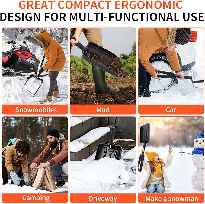 27" Bi-Folding Snow Shovel for Car, Lightweight Snow Shovel with Ergonomic Handle and Aluminum Edge, Portable and Multifunctional for Cars, Snowmobiles, Camping and Mud, Black