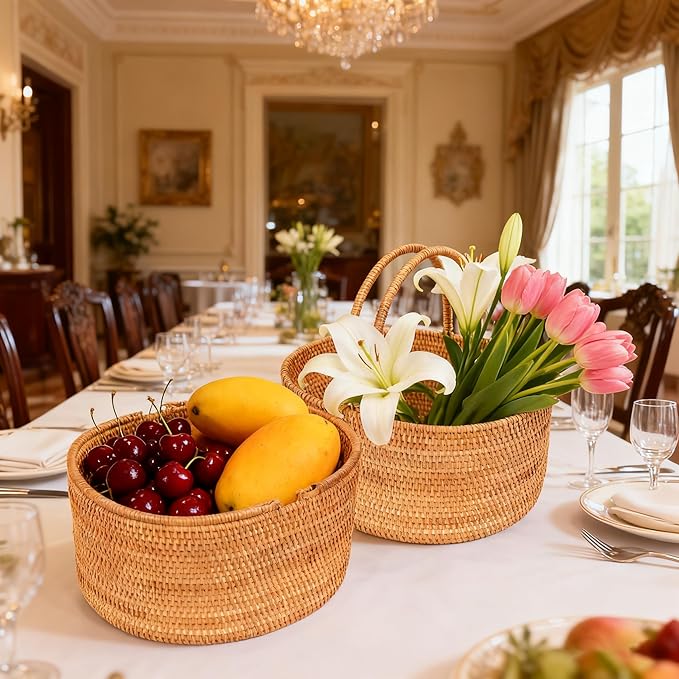 15"×11"×6.3" Rattan Picnic Basket with Handles, Large Oval Gift Baskets, Hand-Woven Basket for Fruit, Empty Gift Basket for Festival, Wedding, Camping