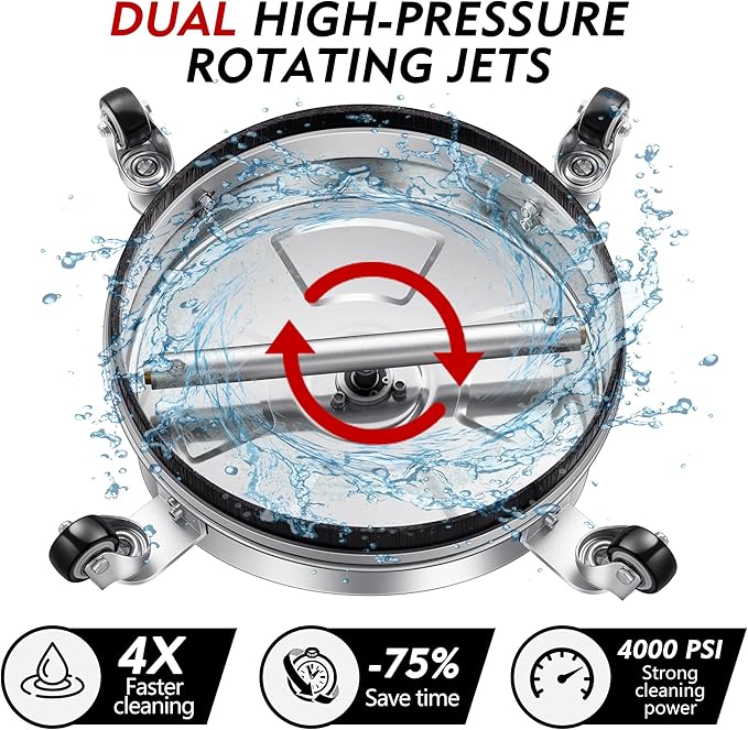 14" Pressure Washer Surface Cleaner with 4 Wheels - Stainless Steel Surface Cleaner for Pressure Washer Attachment for Concrete, Patio, Sidewalk, Deck and Driveways