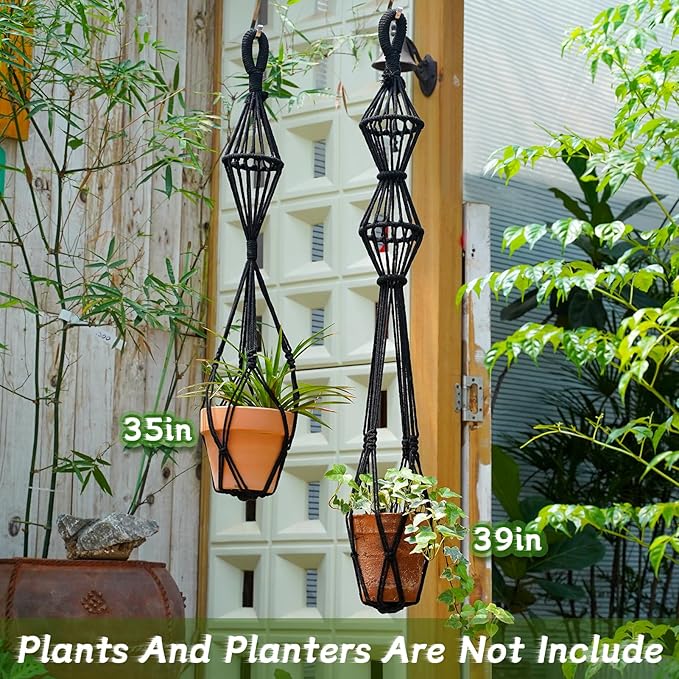 2Pcs Macrame Plant Hangers Indoor Macrame Hanging Planters Large for up to 10 inch Pot No Tassels Long Crochet Boho Plant Hanger Holder for Indoor Outdoor Plants Different Size 35”/39" (Black)