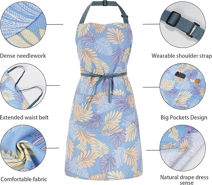 2 Pack Floral Apron for Women with Pockets, Adjustable Cotton Chef Aprons for Kitchen, Cooking, BBQ & Grill