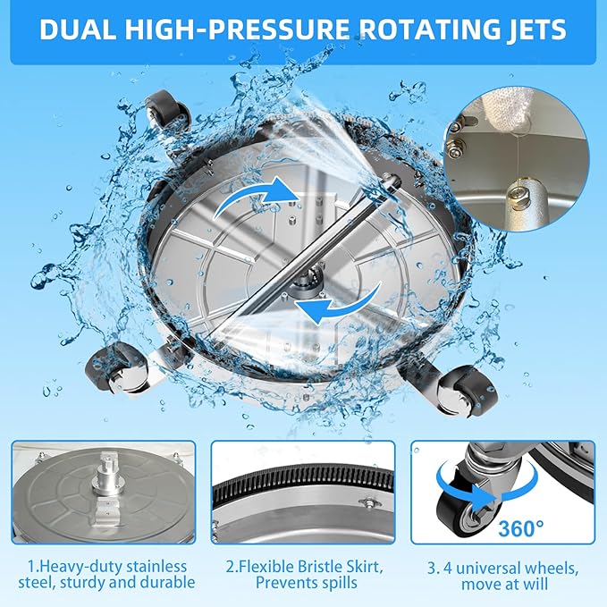 24" Pressure Washer Surface Cleaner with 304 Industrial-Grade Stainless Steel Housing, Dual Handle, Driveway Pressure Washer Attachment, 2 Replacement Nozzles, for Concrete, Sidewalk, Deck, 4000 PSI