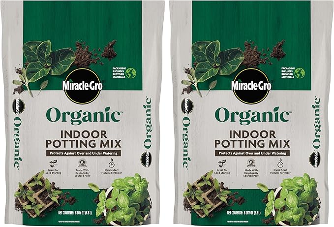 Miracle-Gro Organic Indoor Potting Mix, Protects Against Over and Under Watering, for Indoor Container Plants, Houseplants and Starter Plants, OMRI Listed, 8 qt., 2-Pack