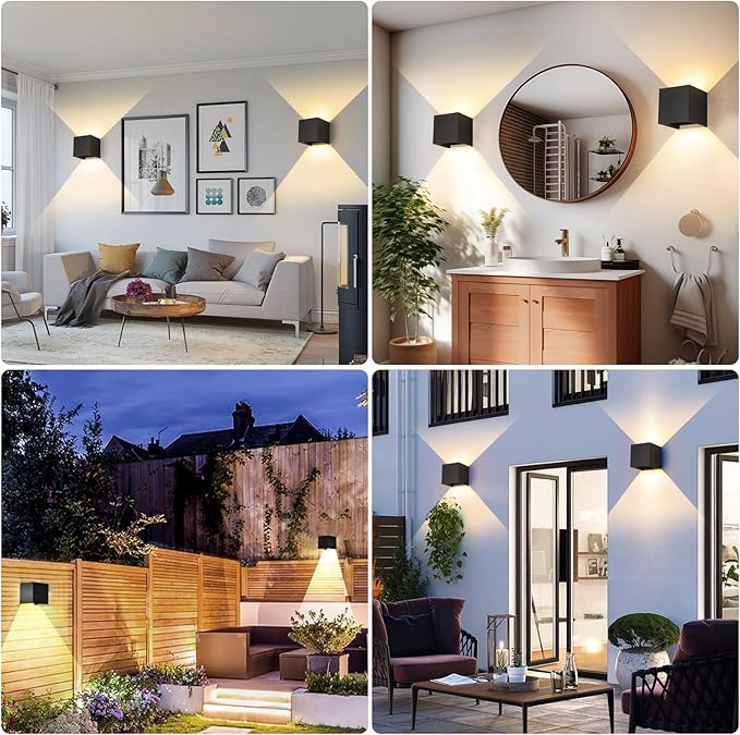 2 Pack LED Outdoor Wall Lights Exterior/Interior 3 Colors Adjustable 15W Wall Light Fixture IP65 Waterproof Porch Exterior Wall Sconce Modern Outdoor Lighting Square Aluminum Black Up and Down Lights
