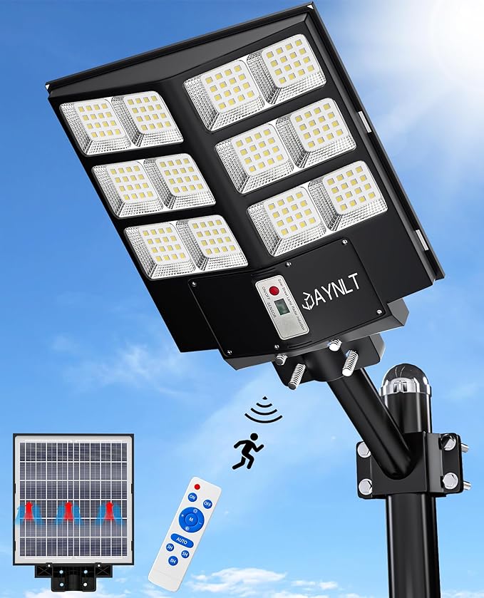 JAYNLT Y-2000W Solar Street Light, 200000LM 6500K Outdoor Dusk to Dawn, IP67 Waterproof Solar Security Light with Motion Sensor and Remote Control for Garage, Road